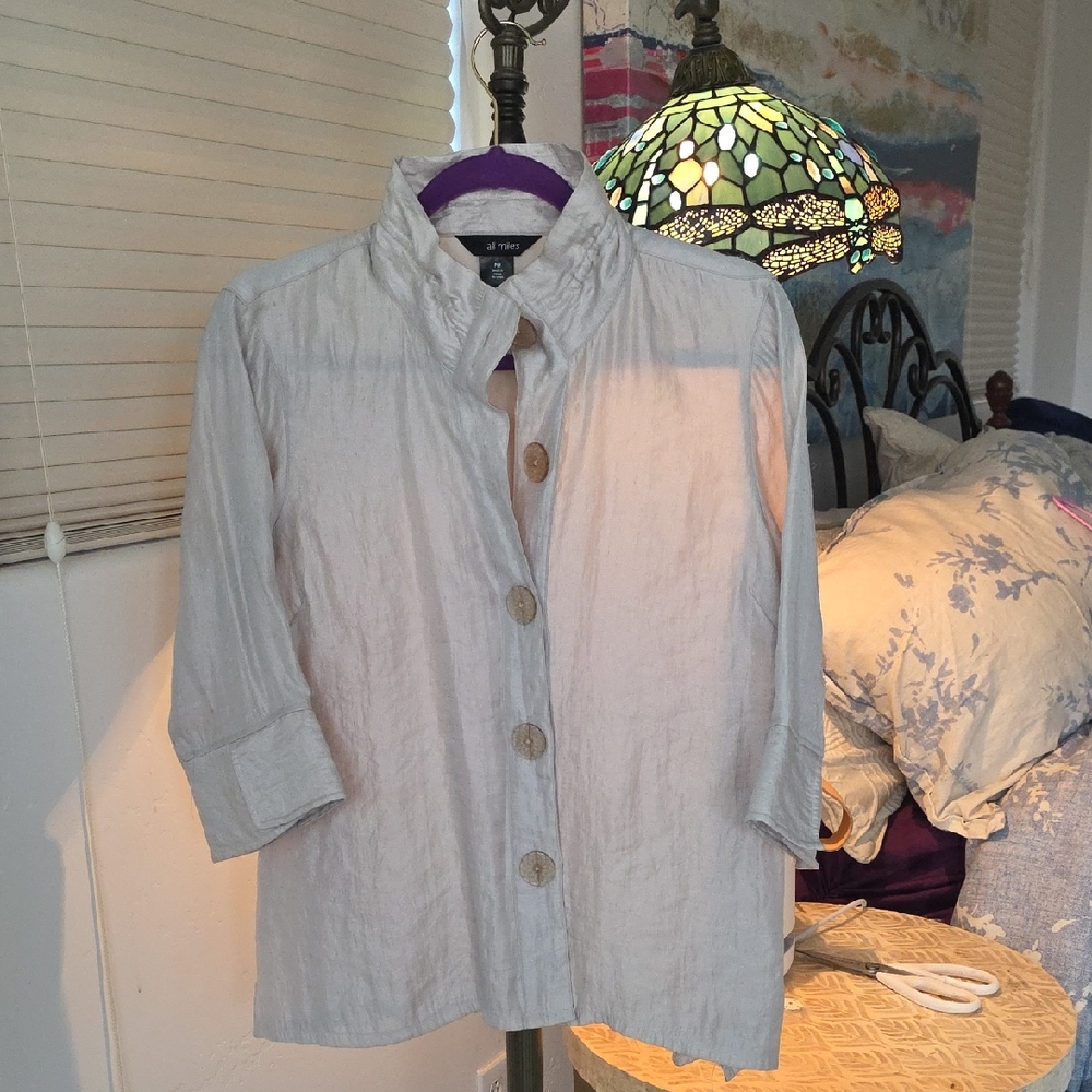 Ali Miles Beige Shimmer Button Down Shirt